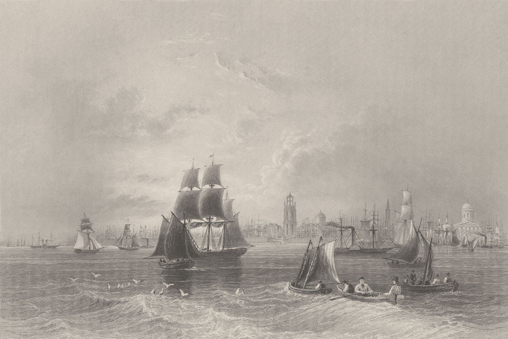 The River Mersey, at Liverpool. Lancashire. BARTLETT 1842 old antique print